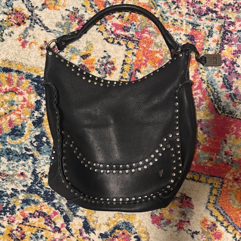 Frye Black Nikki Studded Pebbled Leather Hobo Shoulder Bag